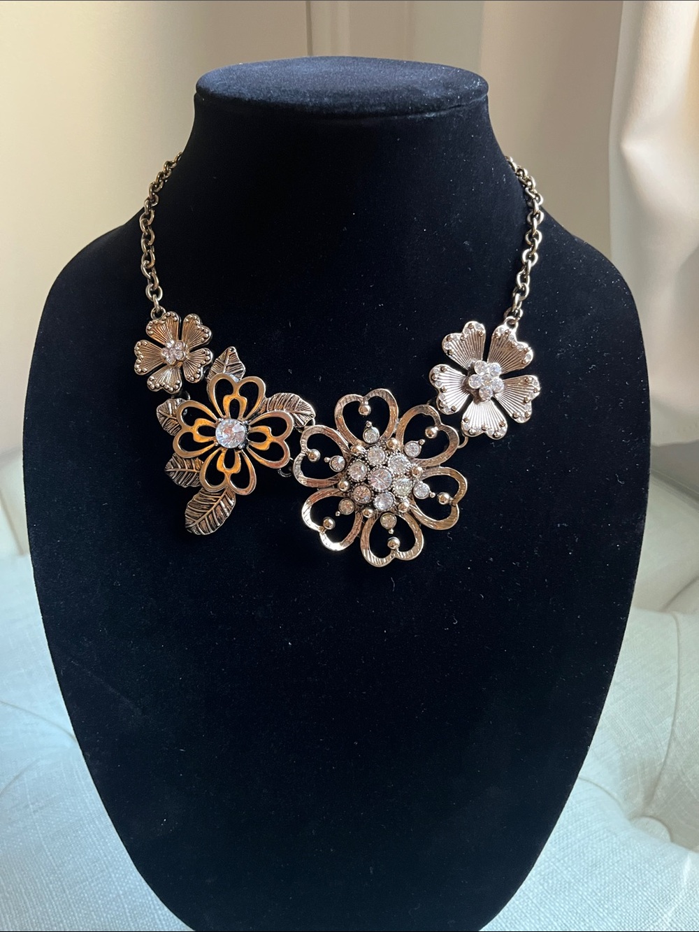Floral Statement Necklace - Gold Tone Crystal Accents